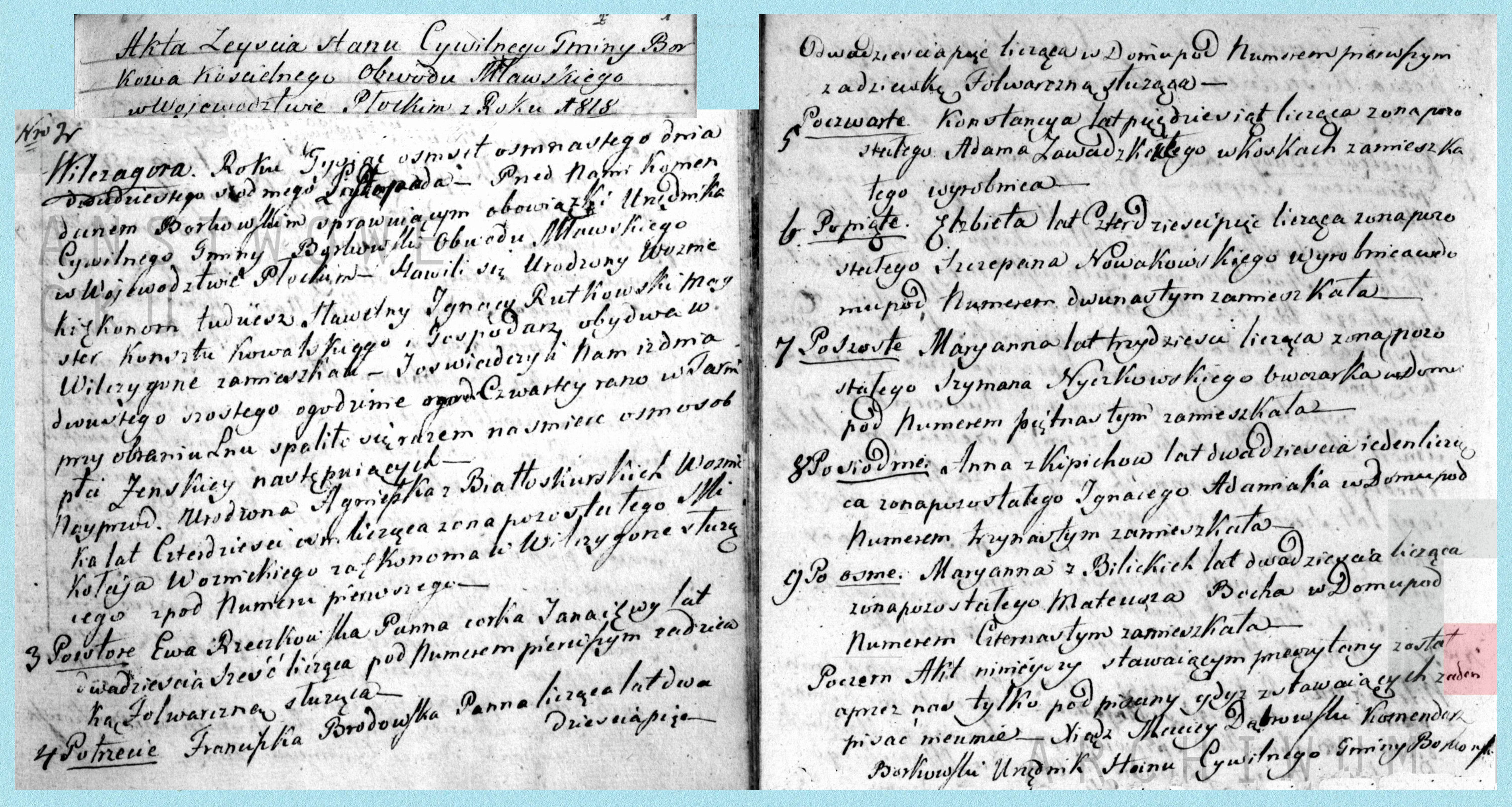 Akta z ksigi zgonw parafii Borkowo Kocielne powicone tragicznie zmarym paniom pracujcym przy lnie w 1818 roku w Wilczogrze.