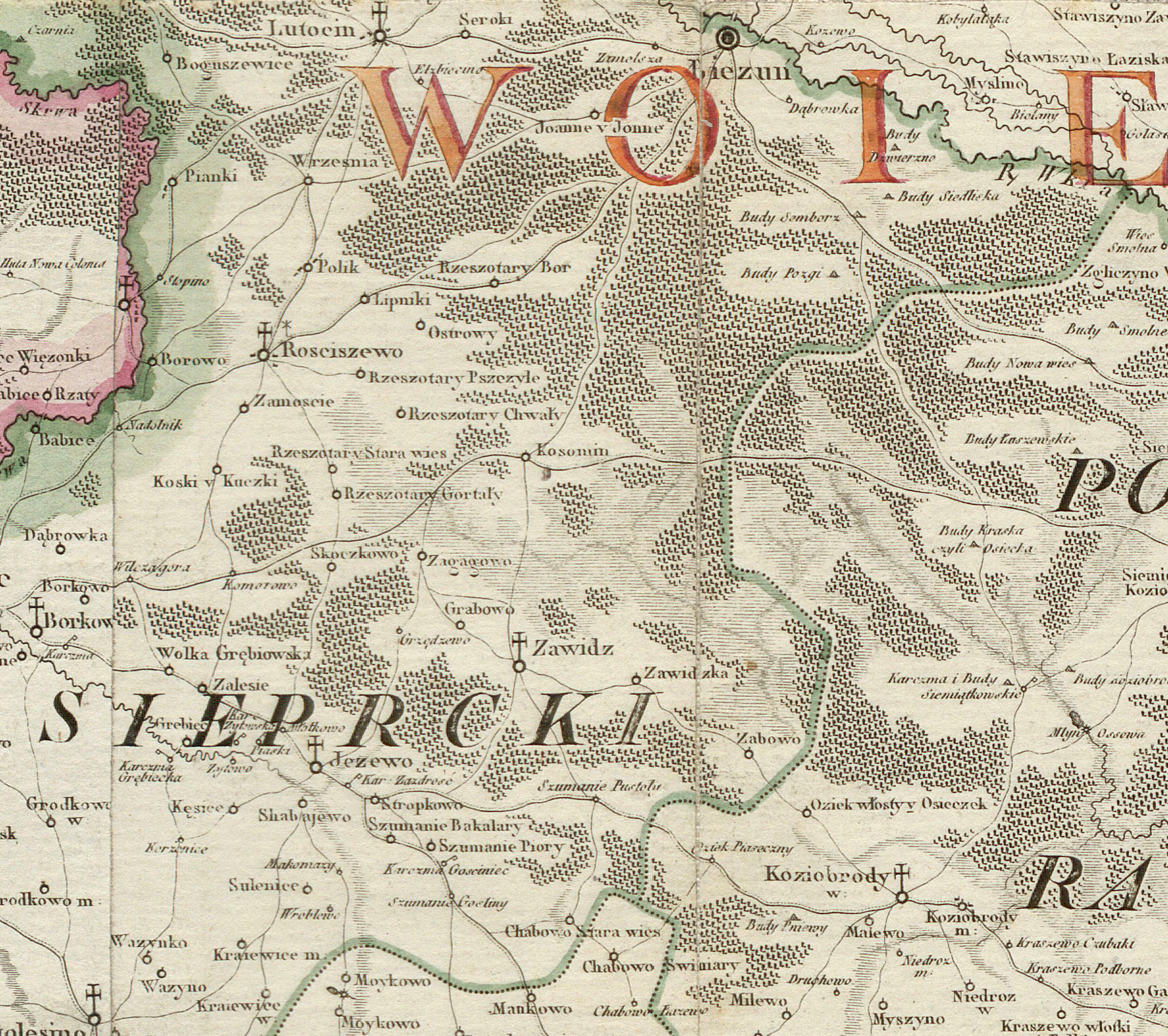 Fragment mapy z 1806 roku pokazujcy zasig terenw lenych i podmokych midzy Zawidzem, Bieuniem i Koziebrodami