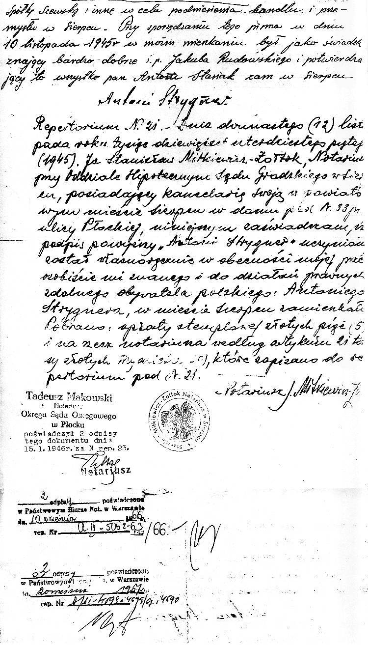 Ostatnia strona aktu notarialnego z 12 XI 1945 r.