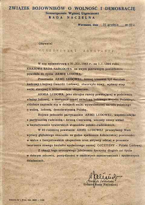 List gratulacyjny wysany przez Rad Naczeln ZBOWiD do jednego z byych partyzantw Armii Ludowej z okazji 40 rocznicy powstania AL - 31 XII 1983 r.