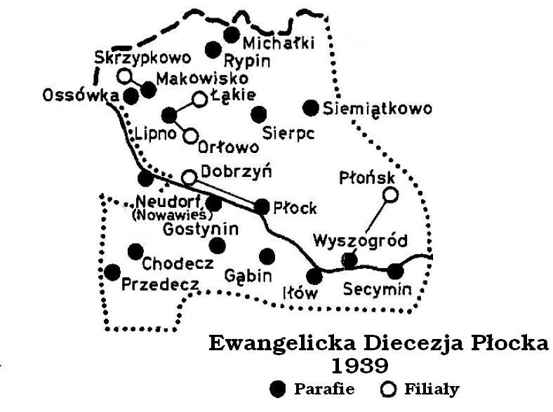 Mapa ewangelickiej Diecezji Płockiej. Stan na 1 IX 1939.