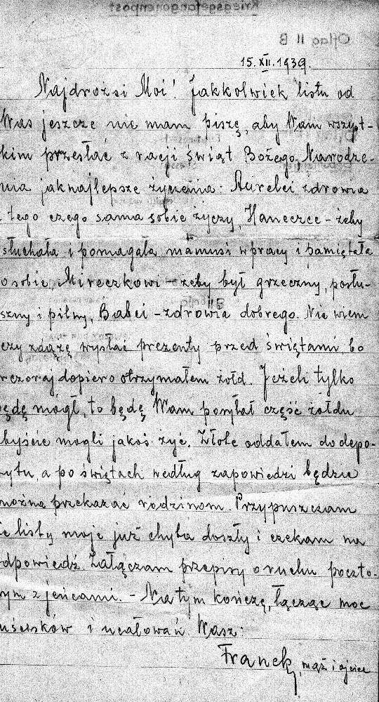 List do rodziny wysany przez Franciszka Koodzie­jskiego z Oflagu Woldenberg, datowany na 15 XII 1939 r.