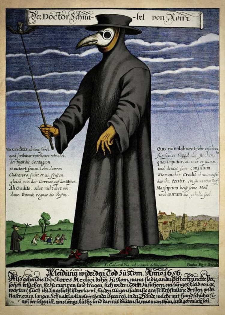 Lekarz w stroju zabezpie­czajcym  przed zaraeniem si epidemi wedug ilustracji z XVII wieku