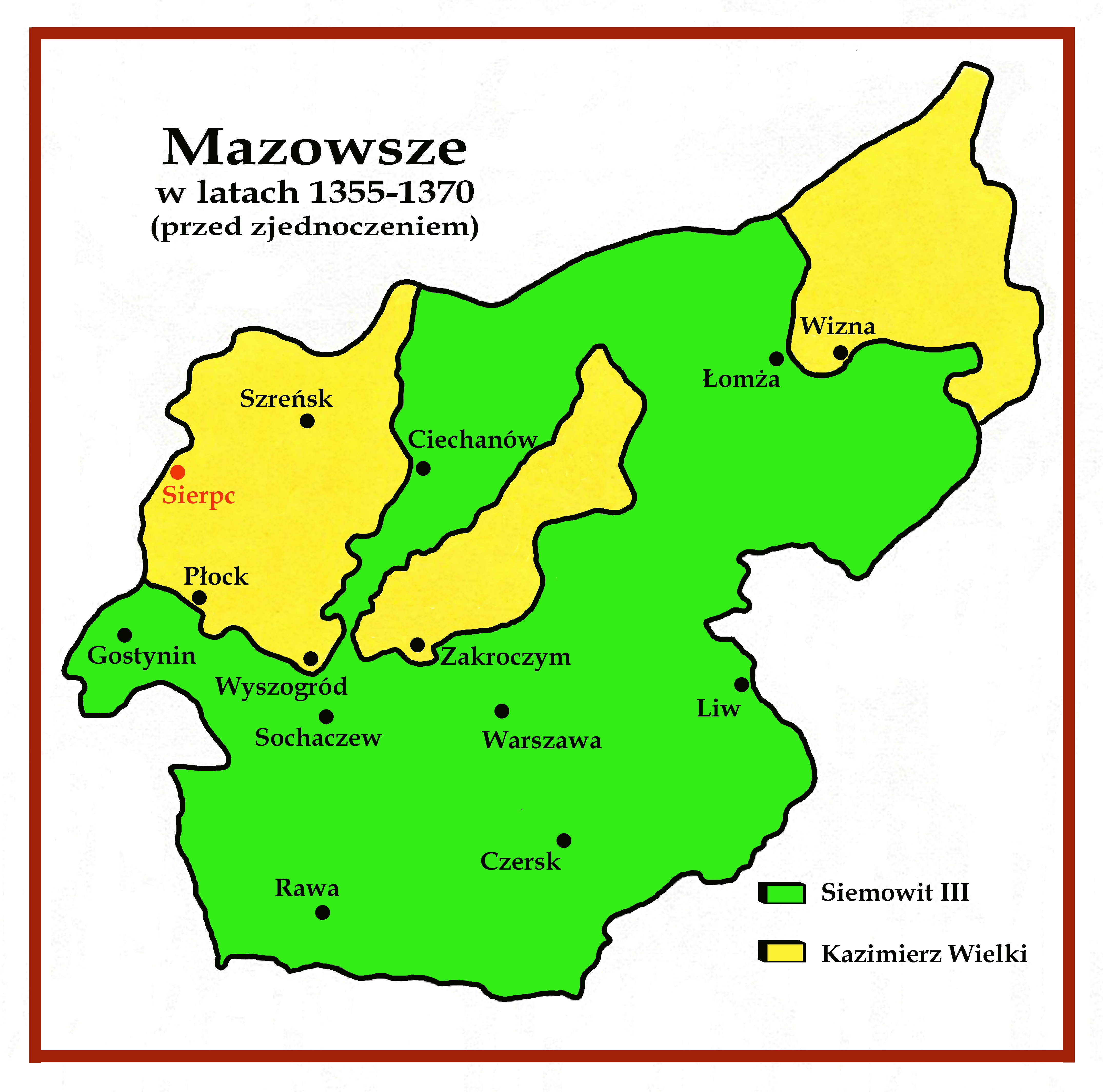 Mazowsze przed zjednoczeniem przez Siemowita III. Zaznaczono pooenie Sierpca.