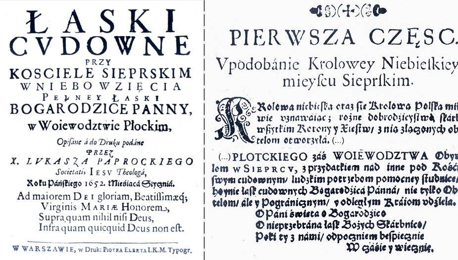 Okadka oraz fragment tekstu ksiki ukasza Paprockiego, w ktrej opisuje sierpecki klasztor.<BR>Orginalne  wydanie w roku 1652, reprint w 1983 staraniem wydawnictwa PAX.
