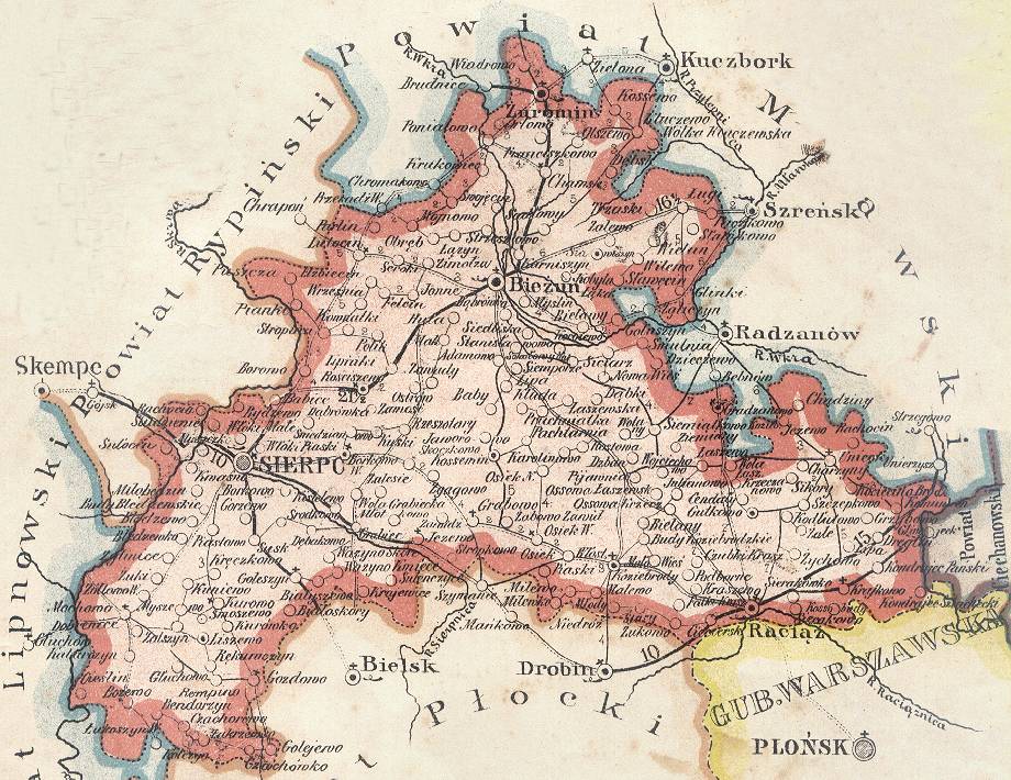 Zasig powiatu sierpeckiego 1904 r. Fragment karty z Atlasu Geograficzne­go. 