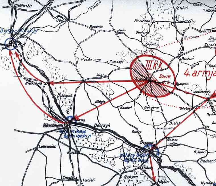 Sytuacja militarna w powiecie sierpeckim 13 VIII 1920 r. w czasie wojny polsko-bolsze­wickiej  oraz kierunki dziaania stacjonujcego w Sierpcu 3 Korpusu Konnego Gaj-Chana Byszkiana.<BR>Fragment  mapy pochodzcej z: J.Pisudski, 