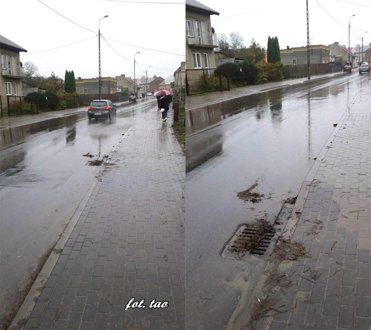 Niedorbka, czyli sierpecka tradycja... Jak przekazuj starsi naszego miasta na ul. Wojska Polskiego bya zawsze po deszczu wielka kaua zalewajca chodnik i p jezdni. Na fotografii wyremontowana w/w ulica i znowu to samo, a metr wczeniej jest studzienka odpywowa. Czy ta osoba, ktra nadzorowaa roboty mogaby posta kilka minut na tym chodniku i popatrze na przejedajce pojazdy... ale bez parasola i paszcza?, listopad 2016 r.