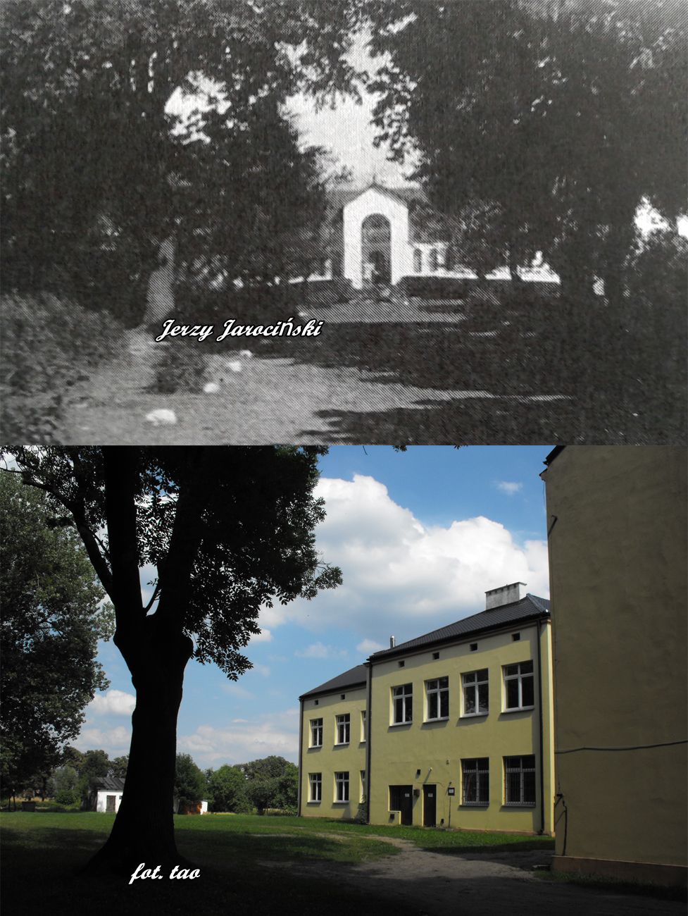 Sudragi 1930-2010 r. Na starej fotografii aleja dworska, w gbi dwr p. Jarociskich. Na fotografii tao (2010 r.) rwnie to samo ujcie, ale co si zmienio. Dwr rozebrano i na jego terenie powstaa szkoa, ale pozosta niemy wiadek z byego okresu, stary jesion, drzewo wytyczajce gazon przed dworem. Obecnie wycity, a na terenie gazonu powstao boisko w stylu 