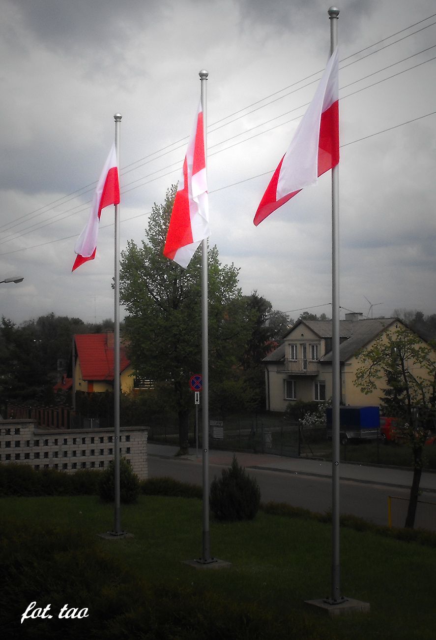 wito Flagi. Biao-czerwone flagi na masztach przy Szkole Podstawowej nr 3, 2.05.2014 r.