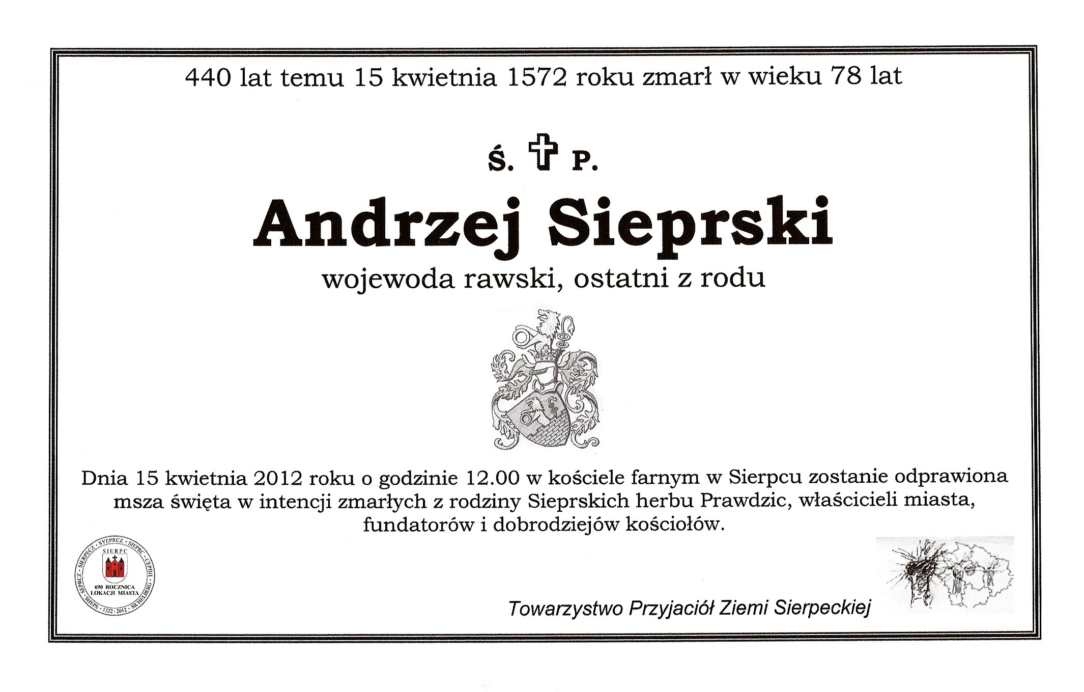 Zawiadomienie z 2012 roku informujące o mszy za Andrzeja Sieprskiego
