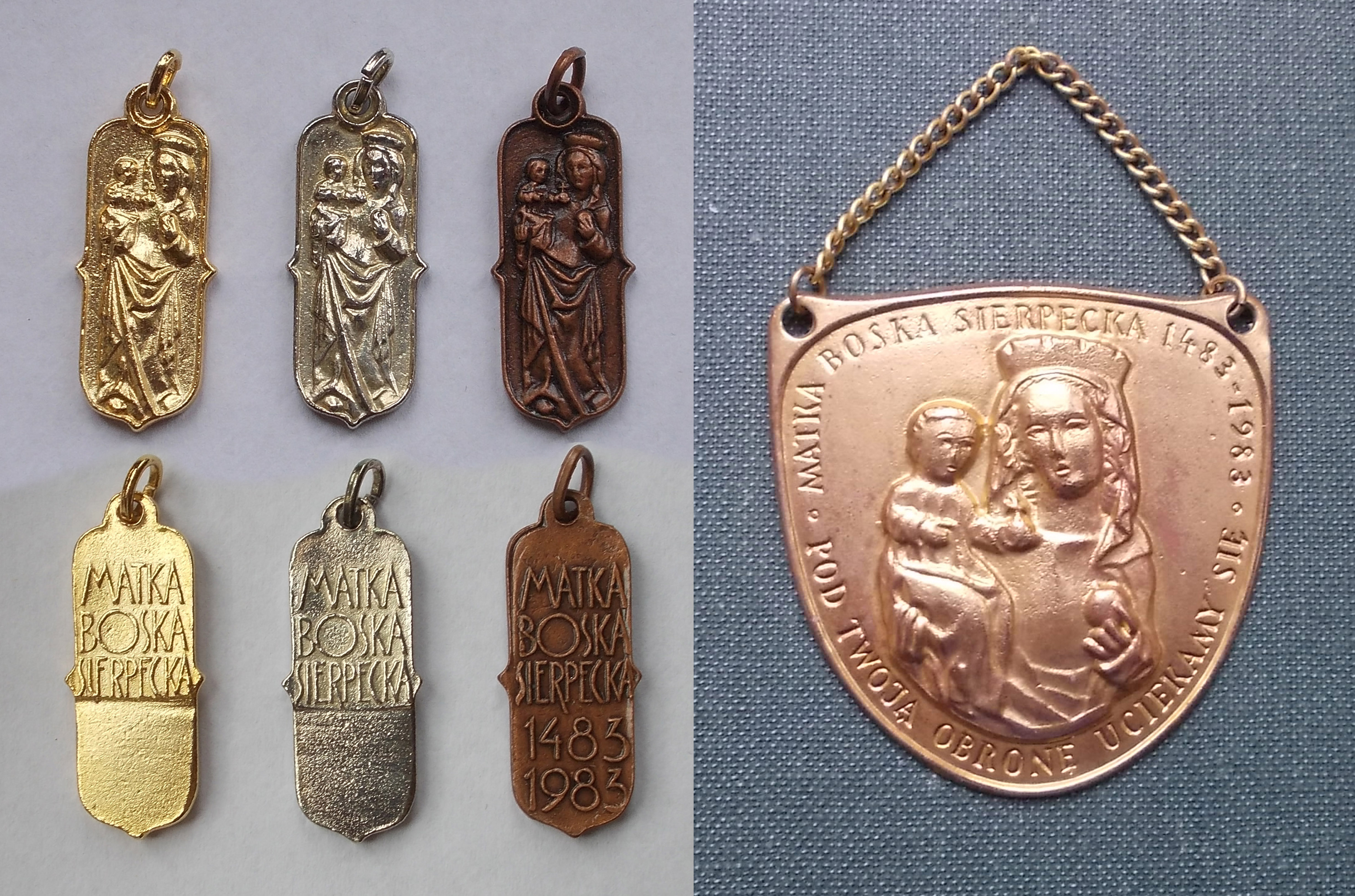 Medaliki i ryngraf z 1983 roku z Matką Bożą Sierpecką