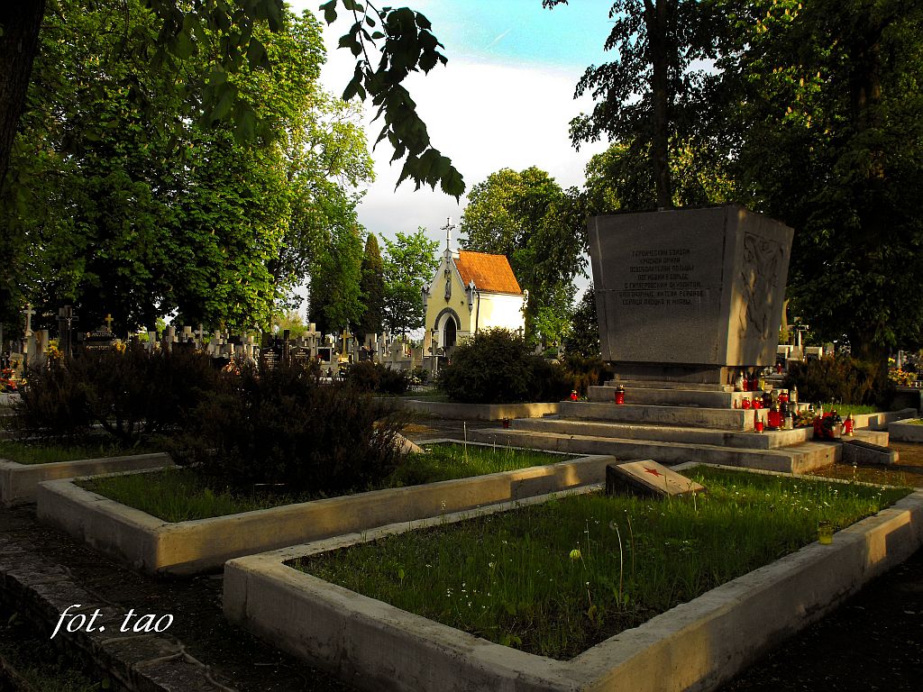 Fragment cmentarza parafialnego. Na pierwszym planie pomnik Bohaterw Radzieckich, w gbi kaplica cmentarna, 19.05.2010 r.