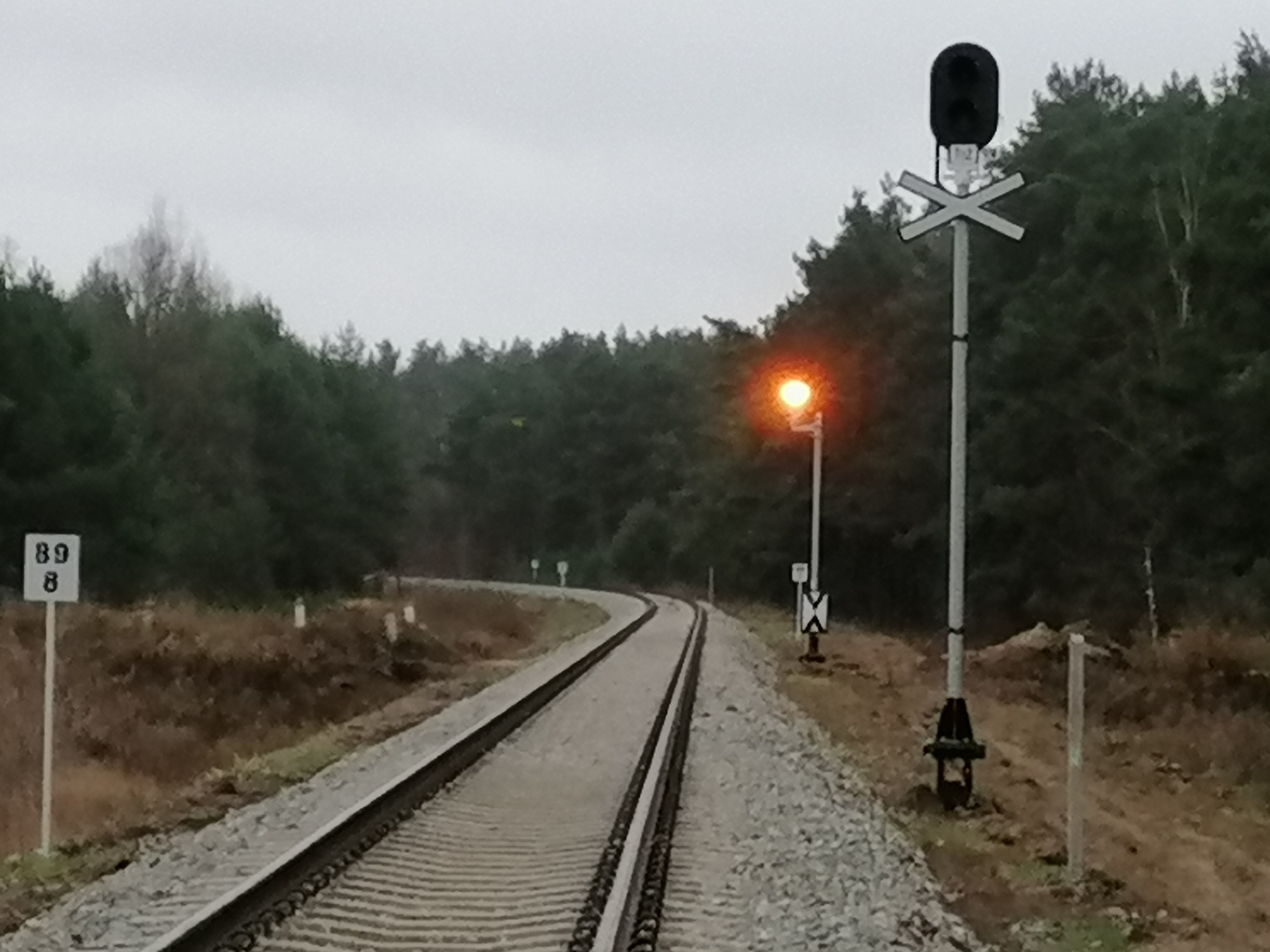 Widok z torw na wjazd na stacj Sierpc od strony Brodnicy. Na pierwszym planie wida now tarcz ostrzegawcz, ktra jest jeszcze nieaktywna. Pojawia si prawdopodobnie z powodu wymiany semafora wjazdowego z ksztatowego na wietlny, jednak semafor ten rwnie jest na razie nieaktywny, 21.11.2021 r.