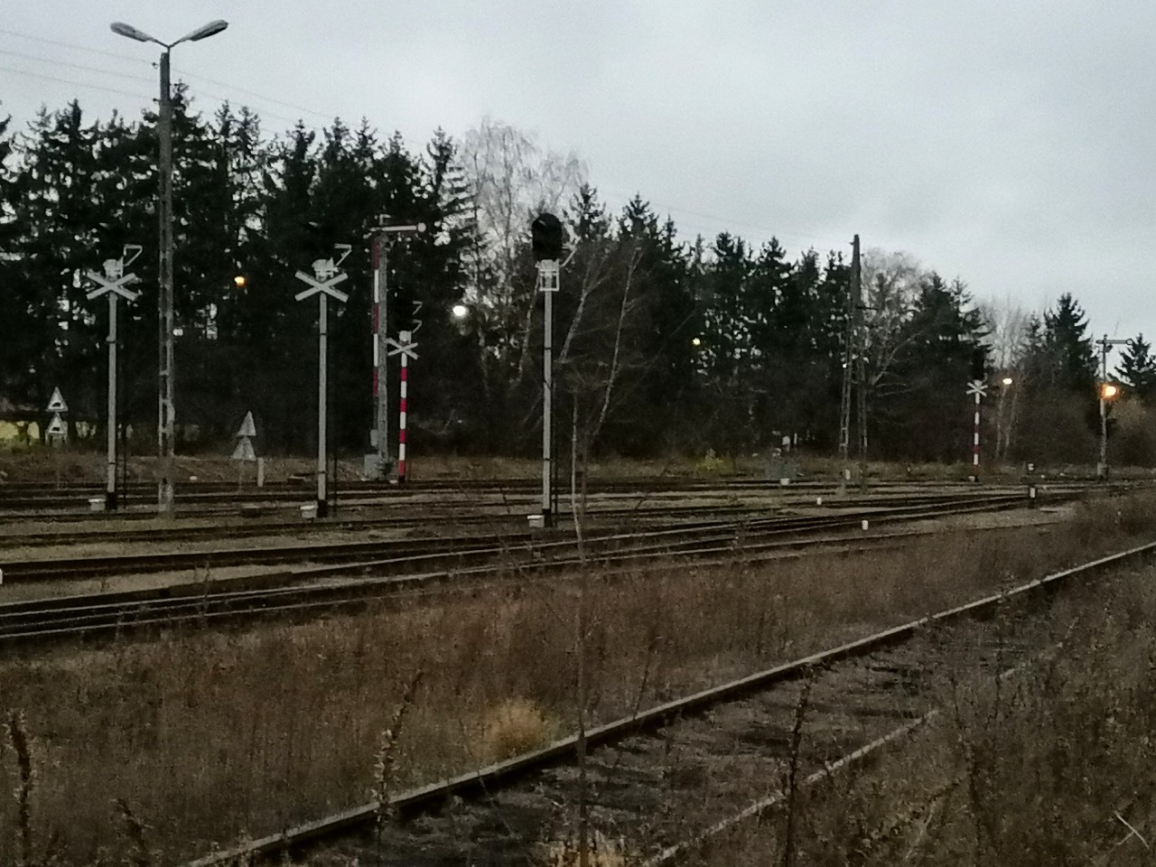 Widok na głowicę rozjazdową w kierunku wyjazdu ze stacji Sierpc w stronę Torunia oraz Brodnicy. W kadrze widać nowe semafory świetlne stojące przekreślone przed starymi semaforami kształtowymi w oczekiwaniu na przejęcie ich funkcji. Oznacza to niestety utratę ikonicznych semaforów kształtowych, które są kolejową pamiątką poprzedniej epoki, jednak semafory kształtowe są już przestarzałe oraz m. in. słabo widoczne w nocy, w porównaniu do semaforów świetlnych. Przekreślone sygnalizatory z siwymi masztami to tarcze ostrzegawcze, które również oczekują włączenia, 21.11.2021 r.