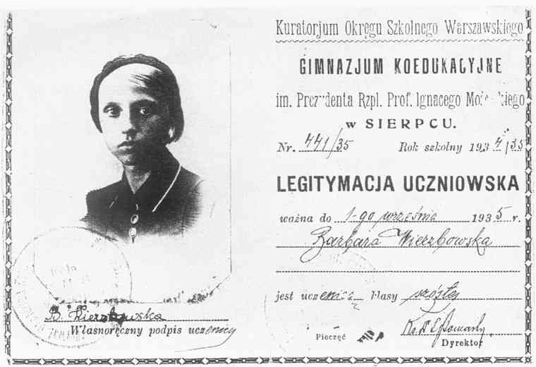 Legitymacja gimnazjum koedukacyjnego im. Prezydenta RP Prof. Ignacego Mocickiego w Sierpcu. Wystawiona na nazwisko: Barbara Wierzbowska. Rok 1935.