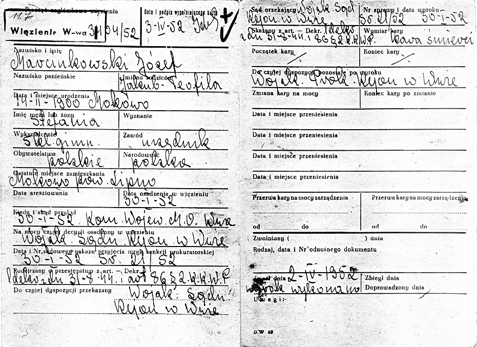 Karta Józefa Marcinkowskiego z więzienia mokotowskiego w Warszawie. Widać datę wykonania egzekucji: 2 IV 1952 r.