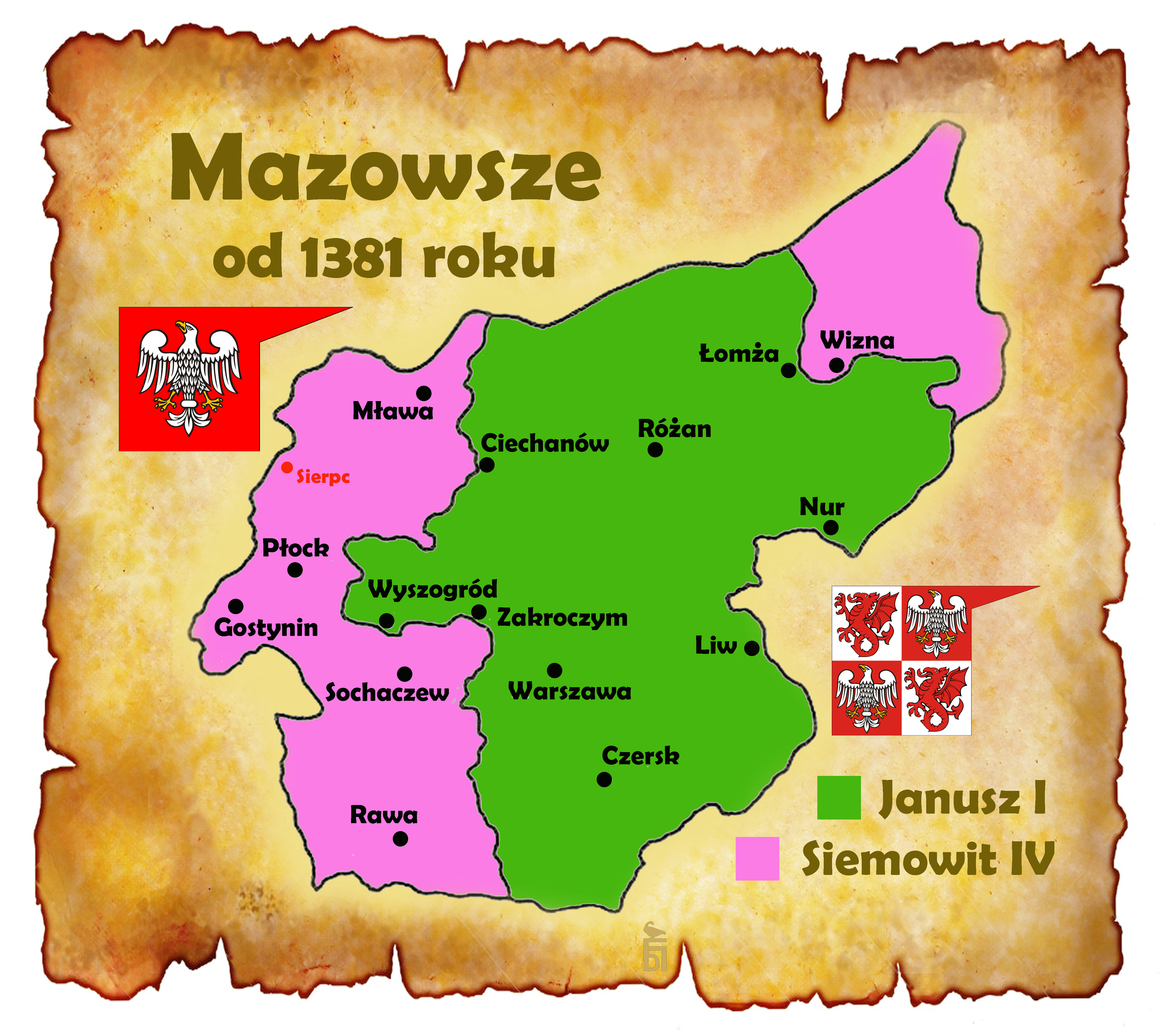 Mapa pokazująca Mazowsze w czasach książąt Janusza I i Siemowita IV. Rys. autor.