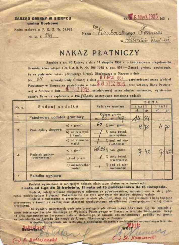 Nakaz opacenia podatku w roku 1935.