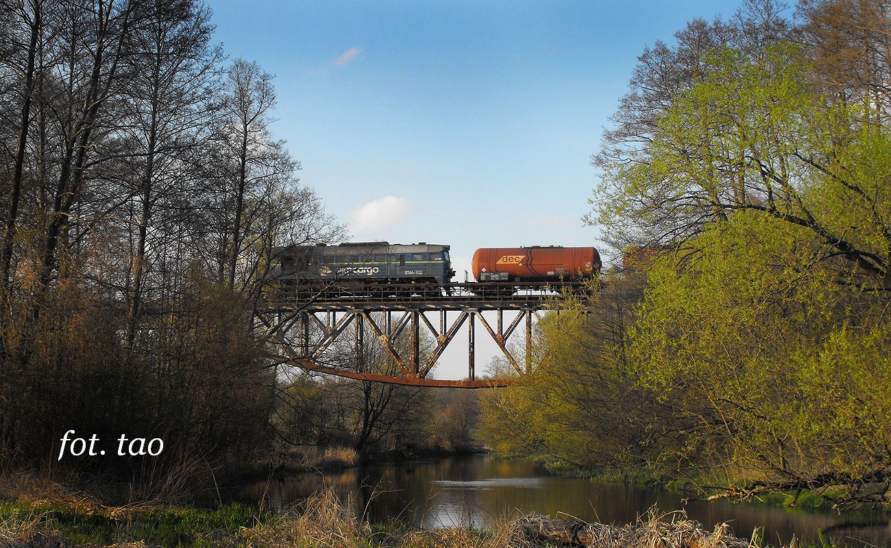 Lokomotywa ST44 PKP Cargo ze składem towarowym pokonuje most na rzece Skrwie w Mieszczku, 25.04.2012 r.
