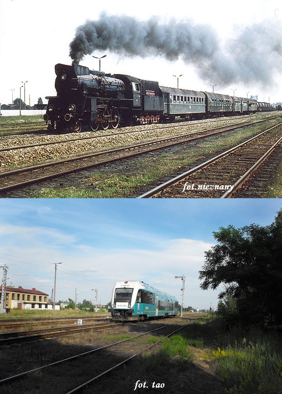 Stacja Sierpc. Jeden z ostatnich składów osobowych ery pary w Sierpcu zmierzający w kierunku Torunia. Foto u dołu z 2011 roku przedstawia szynobus jako pociąg osobowy również w kierunku do Torunia.