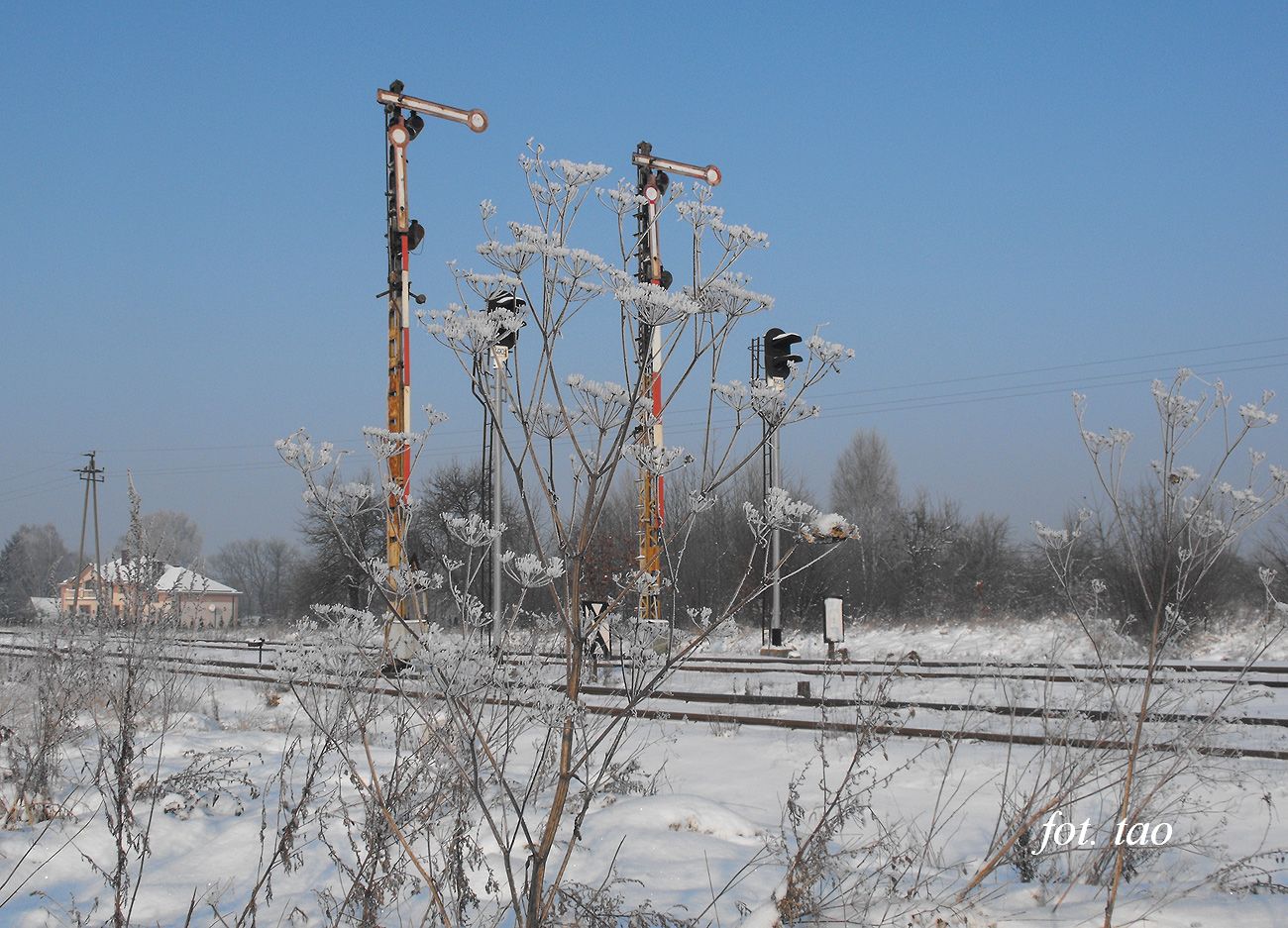 PKP zim. Na zdjciu semafory wjazdowe z kierunkw Nasielska i Kutna, 13.01.2013 r.