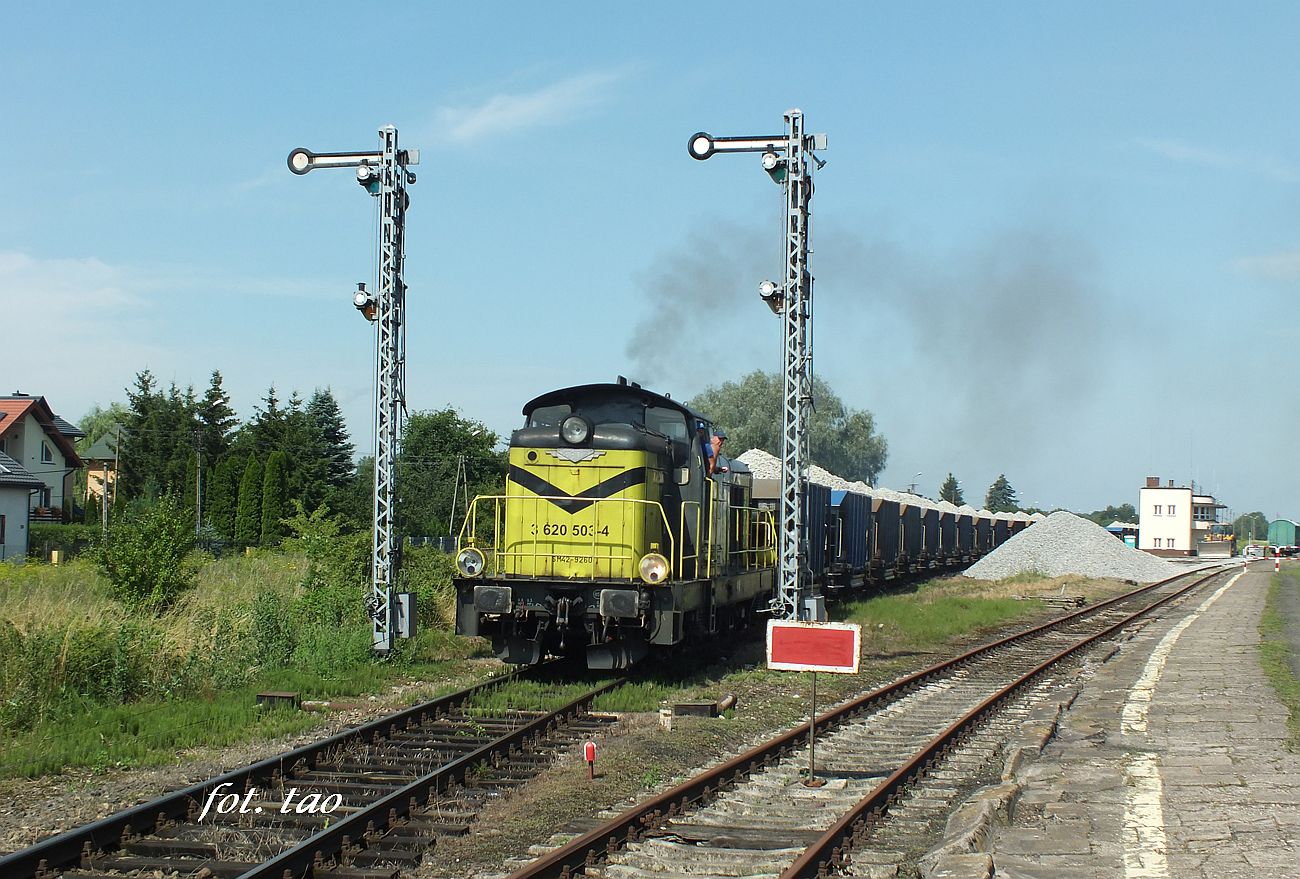 Stacja Sierpc. Remont torowiska w kierunku Brodnicy trwa. Na fotografii kolejny skład z podsypką wyrusza do stacji Szczutowo, sierpień 2021 r.