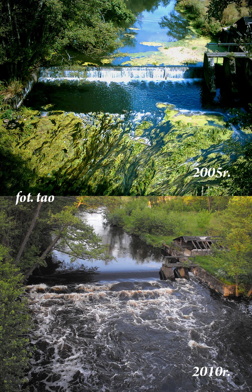 Rzeka Skrwa. Stan wody w sierpniu 2005 r. i w czerwcu 2010 r. Fotografie wykonano z mostu kolejowego na szlaku Sierpc-Brodnica  koo skansenu.