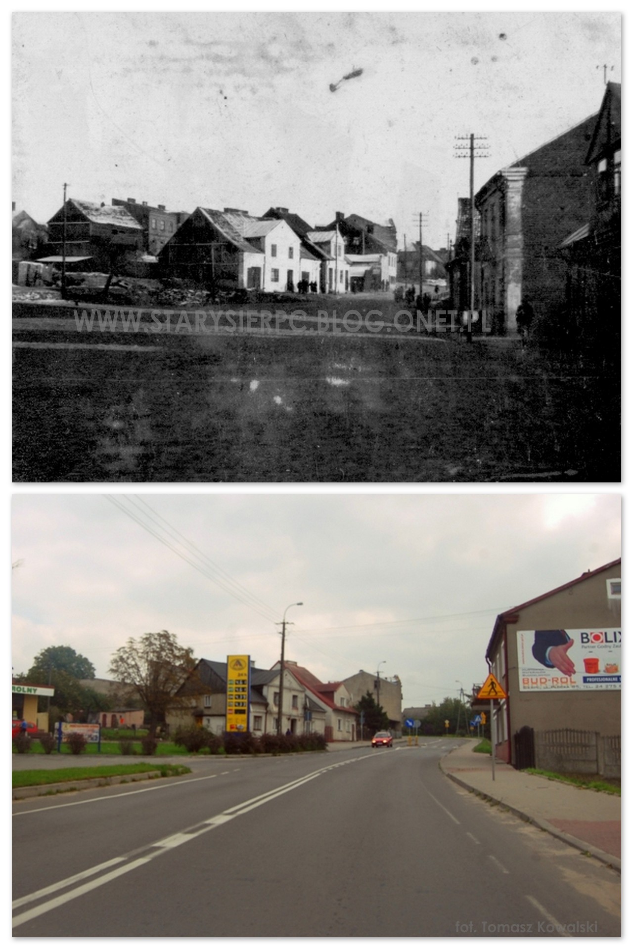 Ulica Warszawska (dzi - 11. Listopada) w Sierpcu. Pierwsze zdjcie wykonano w czasie okupacji hitlerowskiej, drugie w 2011 roku. Na archiwalnej fotografii wida szereg budynkw, ktre nie przetrway do naszych czasw. Stare zdjcie wykona przedwojenny fotograf sierpecki - Franciszek Ptaszyski.