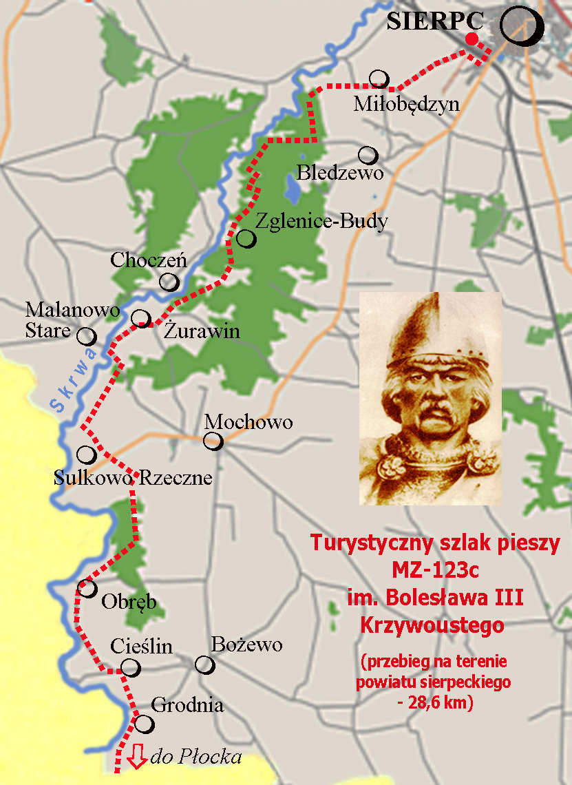 Mapa czerwonego szlaku pieszego imienia Bolesawa III Krzywoustego