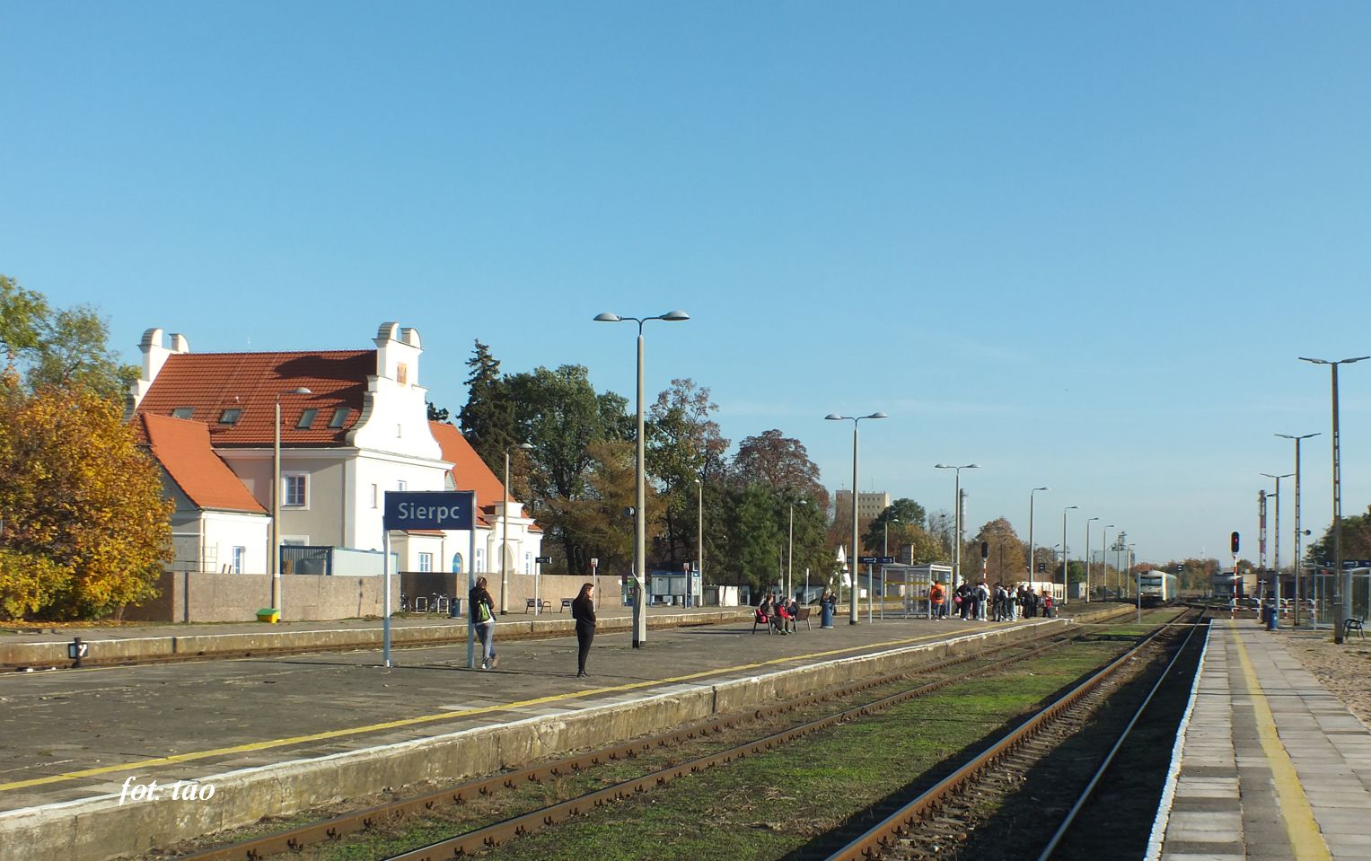 Stacja Sierpc. Oglny widok na perony stacji od strony zachodniej (Torunia) lub nastawni PKP Gwnej. W oddali wida manewrujcy skad osobowy, ktry zabierze pasaerw w kierunku Torunia, padziernik 2024 r.
