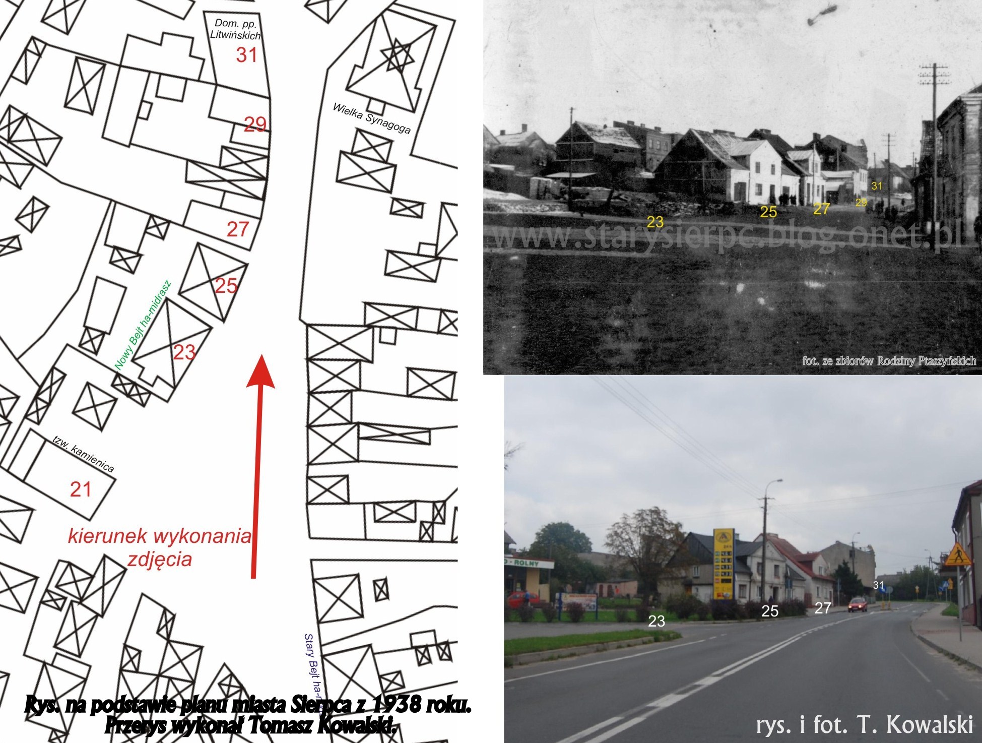 Ulica Daszyskiego w Sierpcu. Mini-studium kartograficzne ulicy. Po lewej przerys planu miasta z 1938 roku z naniesionymi wybranymi numerami posesji i waniejszymi obiektami, po prawej - u gry widok ulicy w czasie okupacji hitlerowskiej, poniej widok wspczesny - oba zdjcia rwnie z naniesionymi numerami domostw.